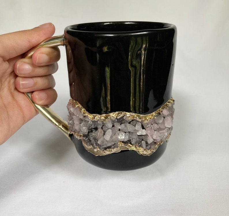 Set of 2 |Black and Gold Ceramic Big Coffee/Tea/Juice/Beverage Mug with Rose Quartz Semi-precious Agate Crystal | 12 oz/355 ml