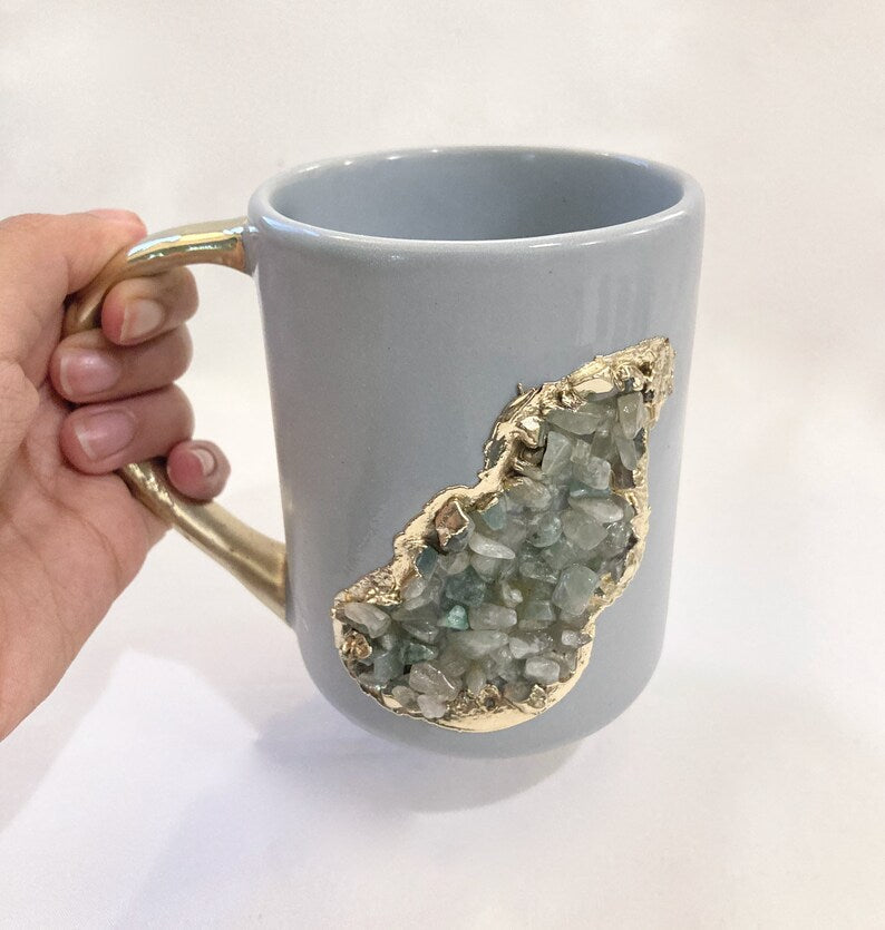 Set of 2 |Personalised Grey, Gold Ceramic Big Coffee/Tea/Juice/Beverage Mug, Light Green Semi-precious Agate Crystal Gemstones | 12 oz/355ml