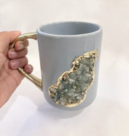 Crystal Stone Patch Mug | Grey & Gold | 12oz — Light Green Agate