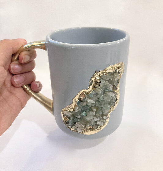 Crystal Stone Patch Mug | Grey & Gold | 12oz — Light Green Agate