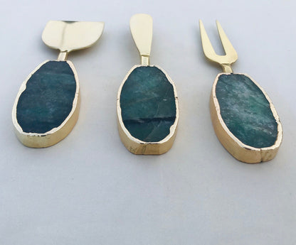 Set of 3 Green Agate Cheese Knives/Spreaders