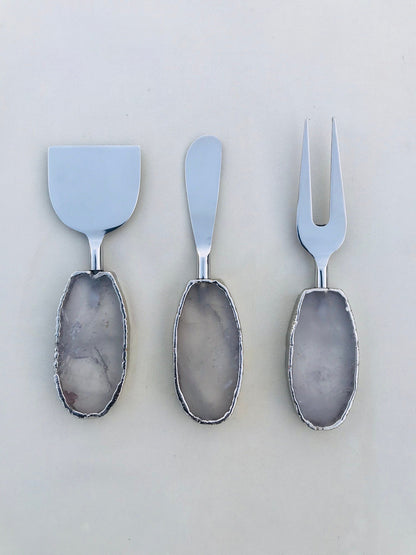 Set of 3 Agate Clear Quartz Cheese Knives/Spreaders