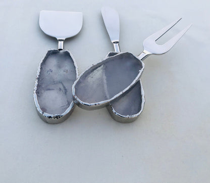 Set of 3 Agate Clear Quartz Cheese Knives/Spreaders