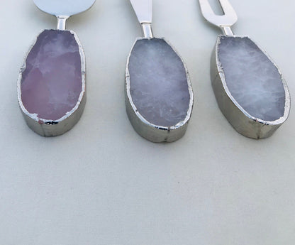 Set of 3 Rose Quartz Agate Cheese Knives/Spreaders