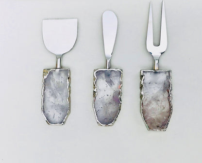 Set of 3 Clear Quartz Agate Cheese Knives/Spreaders