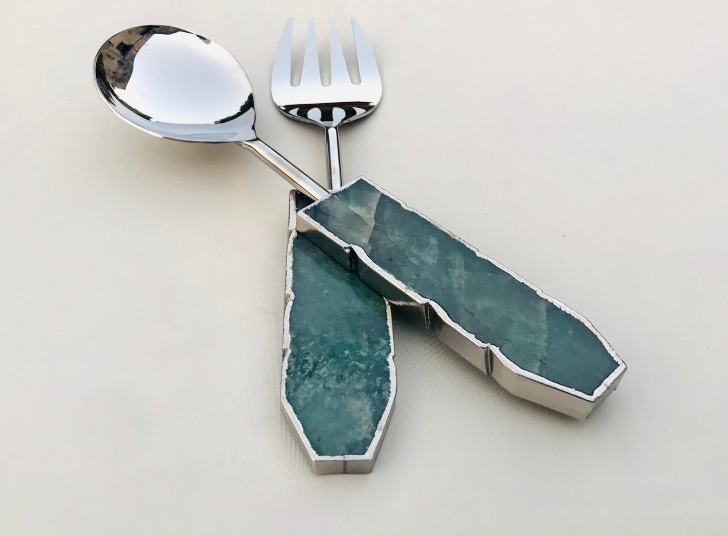 Green Agate Salad Server – Gold Finish – Set of 2