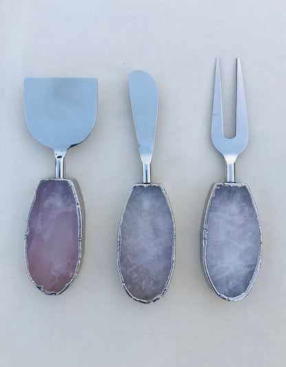 Rose Quartz Oval Cheese Board Set – silver finish, gifting, natural stone cutlery India
