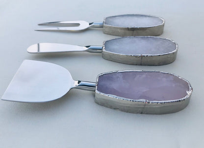 Set of 3 Rose Quartz Agate Cheese Knives/Spreaders