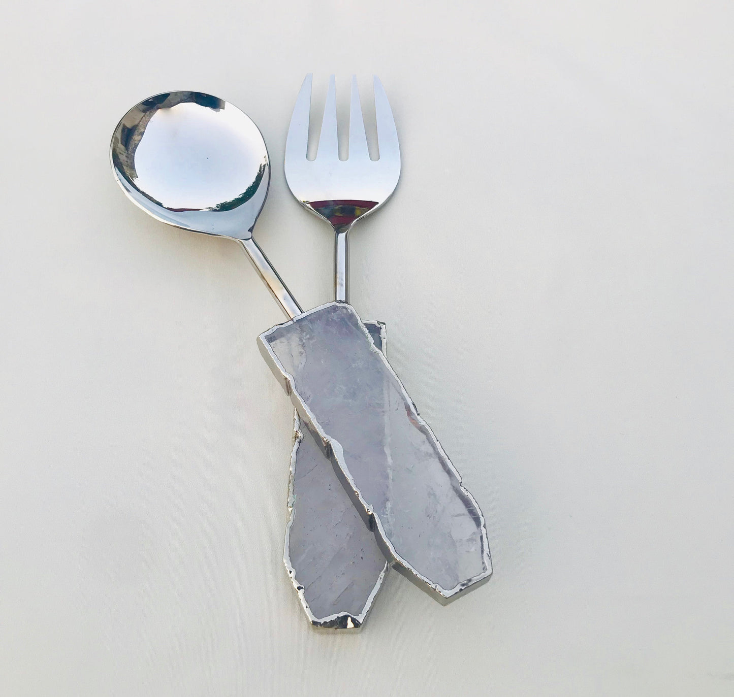 Clear Quartz Agate Salad Server Set of 2 – silver electroformed edges, stone grain detail