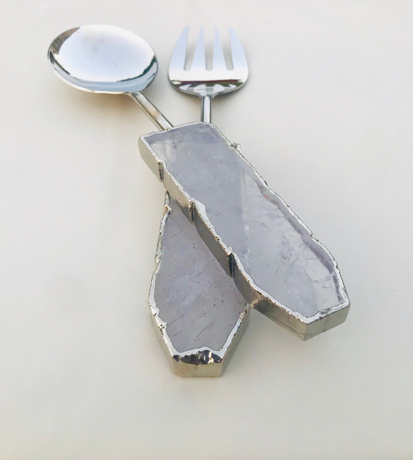 Clear Quartz Agate Salad Server Set of 2 – silver finish styled for gifting