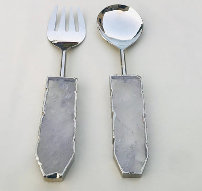 Clear Quartz Salad Server Set of 2 – close up of stone handle, gold finish, India