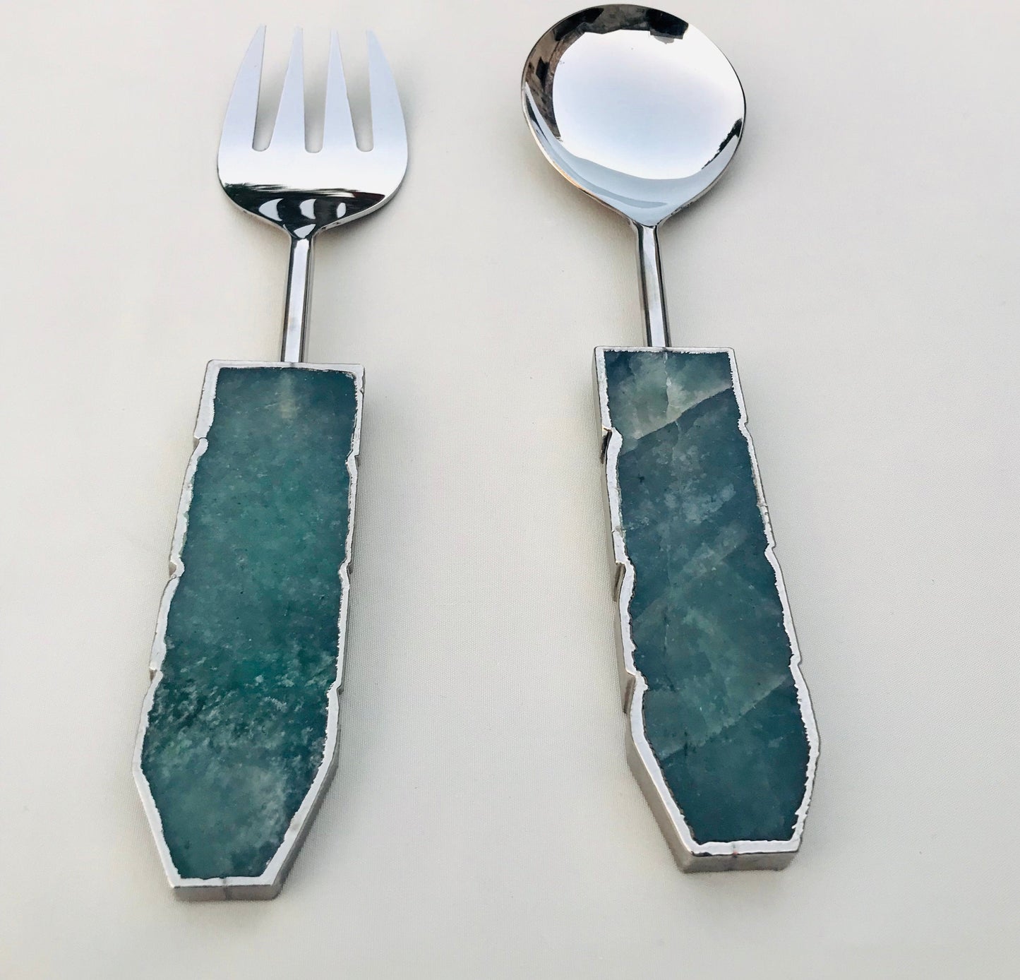 Green Agate Salad Server – Gold Finish – Set of 2