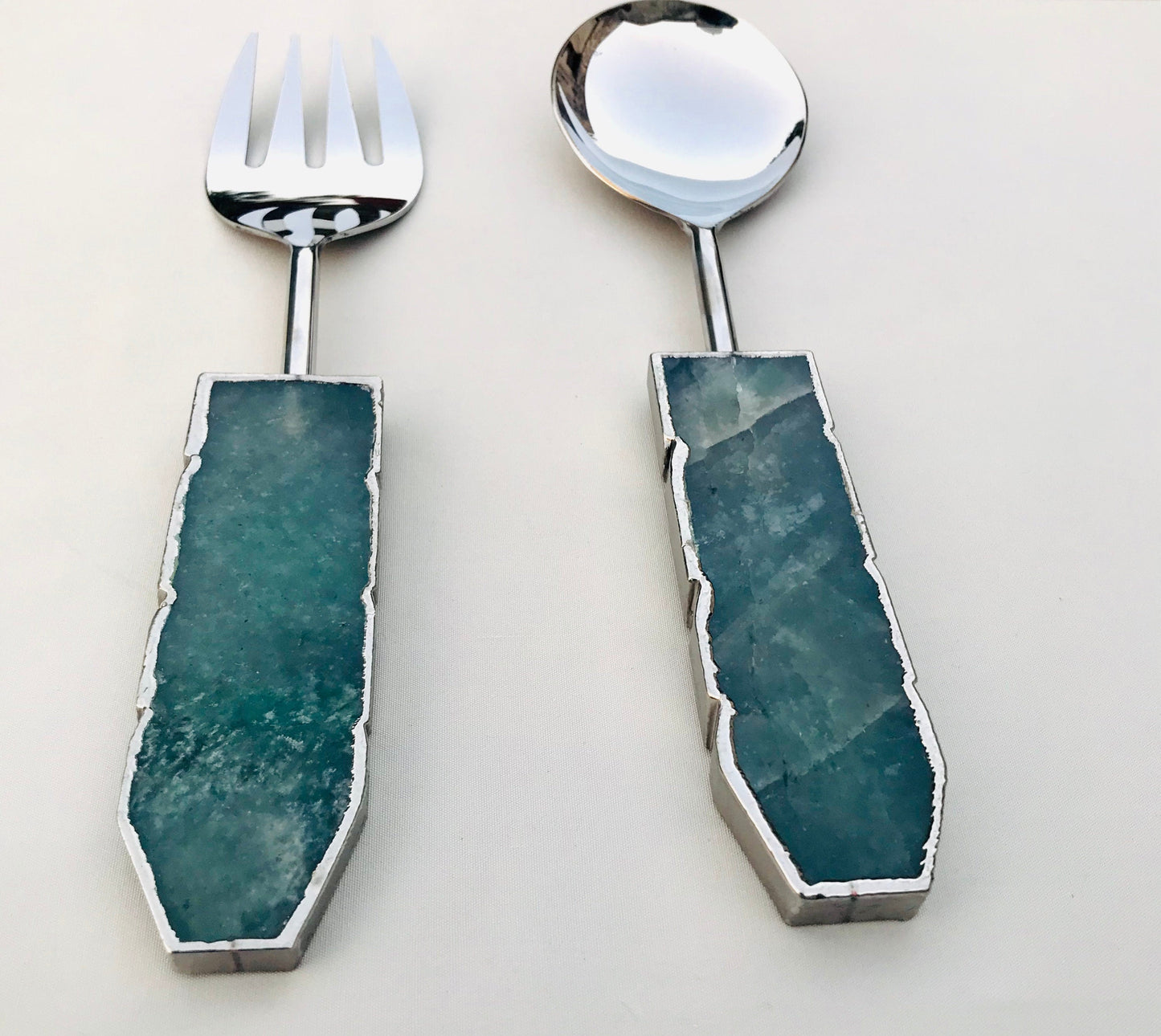 Green Agate Salad Server – Gold Finish – Set of 2