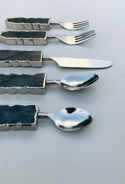 Set of 5 Pieces Labradorite Gemstone/Agate Cutlery - Forks/Spoons/Knife
