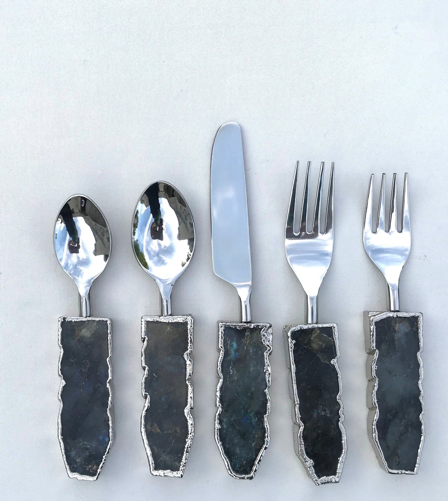 Set of 5 Pieces Labradorite Gemstone/Agate Cutlery - Forks/Spoons/Knife