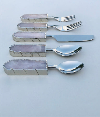 Set of 5 Pieces Rose Quartz/Agate Cutlery
