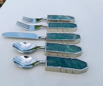 Set of 5 Pieces Green Agate Cutlery