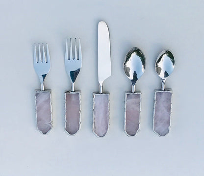 Set of 5 Pieces Rose Quartz/Agate Cutlery