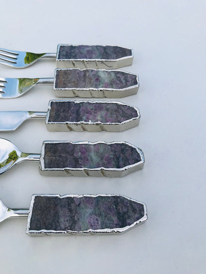 Set of 5 Pieces Lepidolite Gemstone/Agate Cutlery