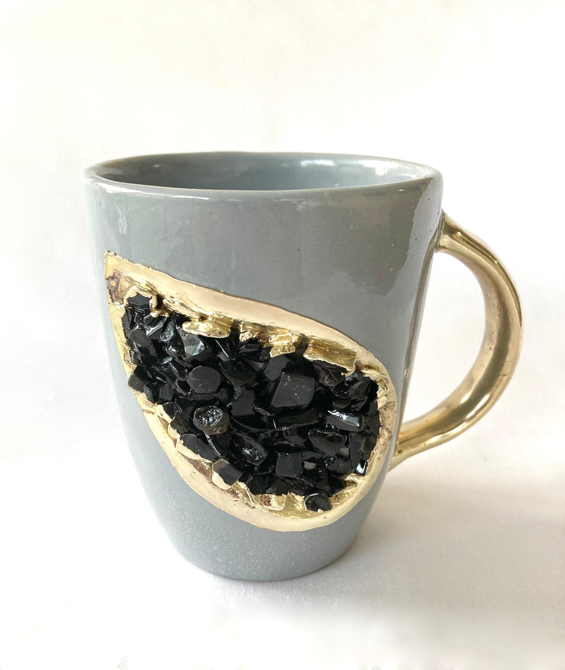 Crystal Gemstone Patch Mug | Grey & Gold | 8oz — Black Agate