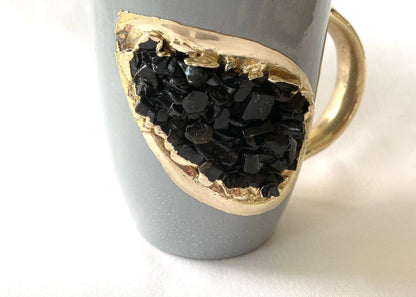 Set of 2 |Personalised Grey and Gold Ceramic Coffee/Tea Mug with Black Semi-precious Agate Crystal Gemstones| 8 Oz
