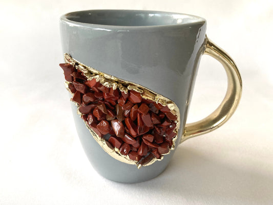 Set of 2 |Personalised Grey and Gold Ceramic Coffee/Tea Mug with Dark Red Semi-precious Agate Crystal Gemstones| 8 Oz