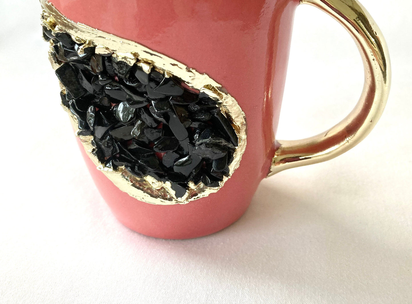 Set of 2 |Pink and Gold Ceramic Coffee/Tea Mug with Black Semi-precious Agate Crystal Gemstones| 8 Oz