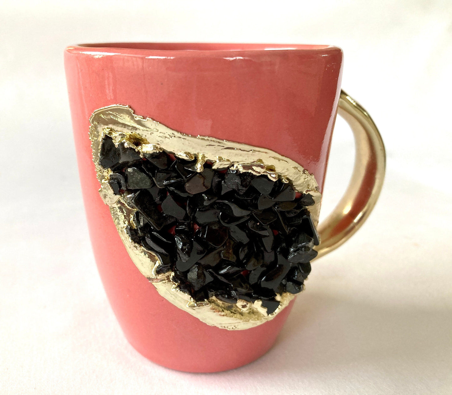 Set of 2 |Pink and Gold Ceramic Coffee/Tea Mug with Black Semi-precious Agate Crystal Gemstones| 8 Oz