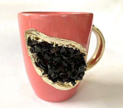Set of 2 |Pink and Gold Ceramic Coffee/Tea Mug with Black Semi-precious Agate Crystal Gemstones| 8 Oz