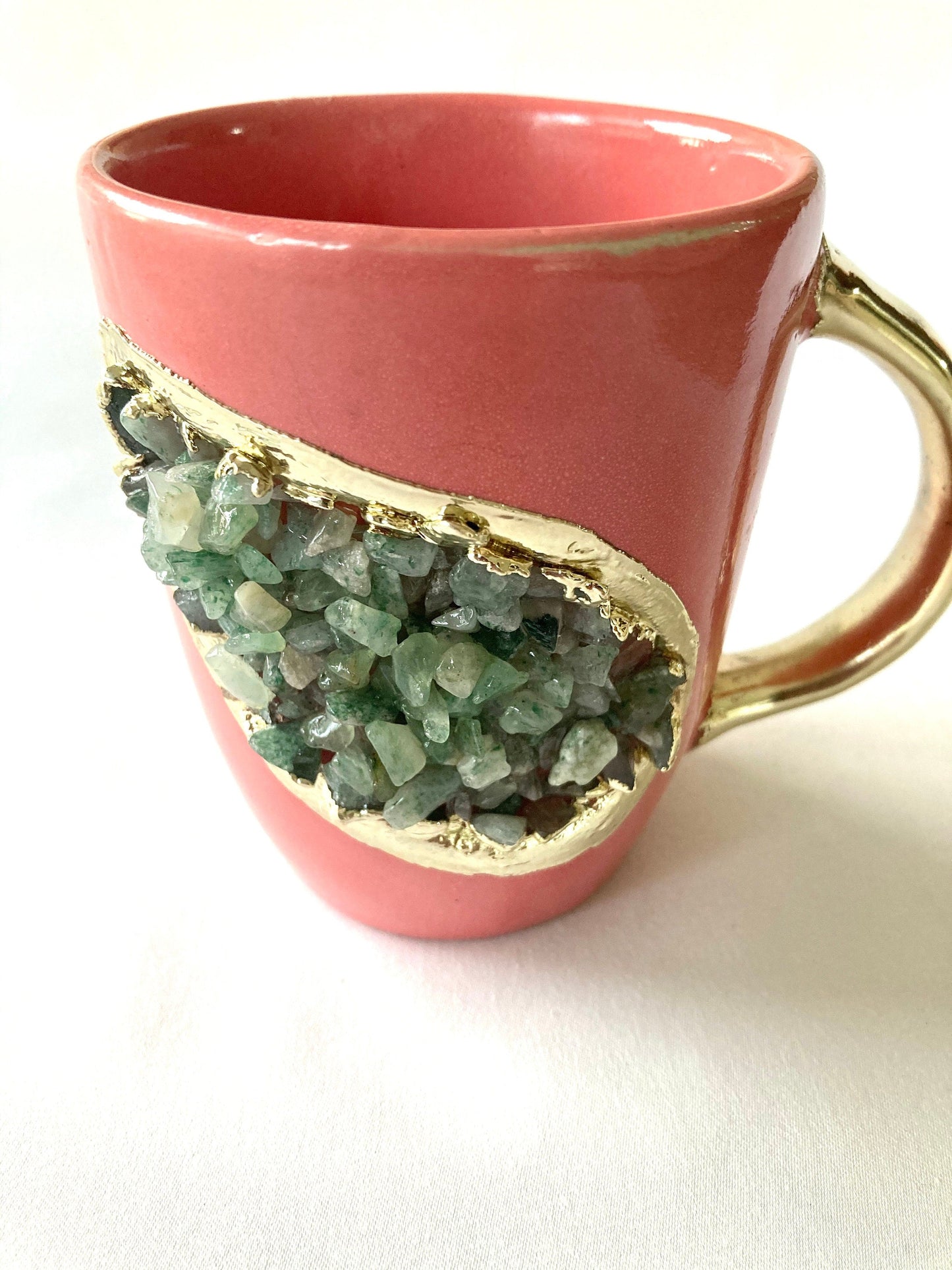 Set of 2 |Personalised Pink and Gold Ceramic Coffee/Tea Mug with Light Green Semi-precious Agate Crystal Gemstones| 8 Oz