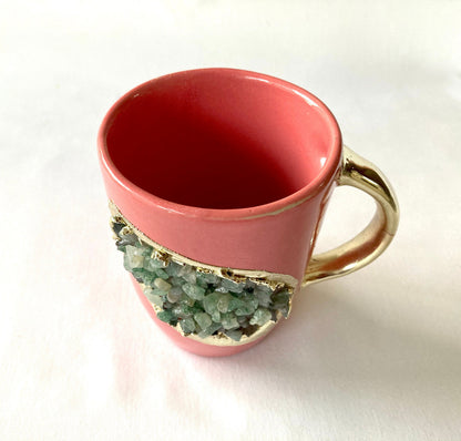 Set of 2 |Personalised Pink and Gold Ceramic Coffee/Tea Mug with Light Green Semi-precious Agate Crystal Gemstones| 8 Oz