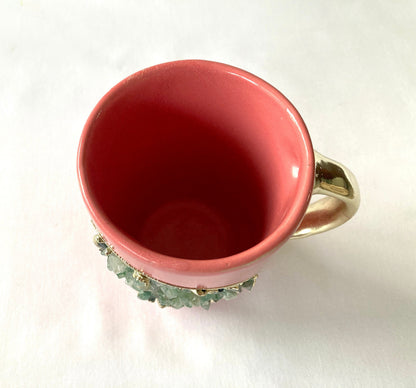 Set of 2 |Personalised Pink and Gold Ceramic Coffee/Tea Mug with Light Green Semi-precious Agate Crystal Gemstones| 8 Oz
