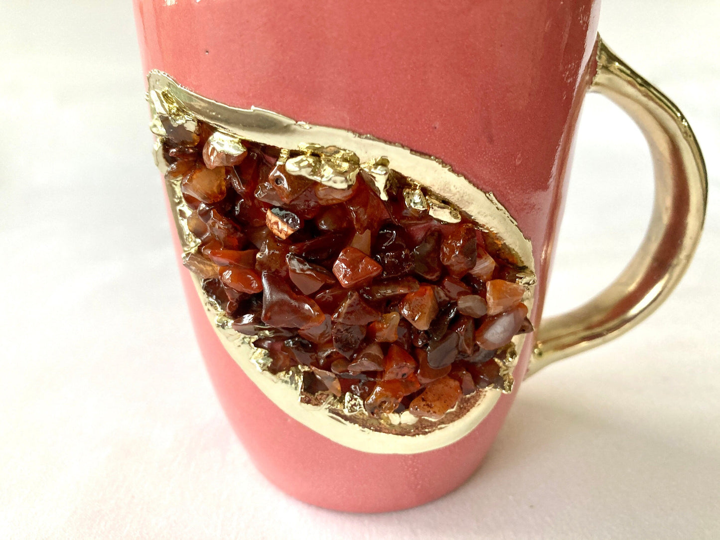 Set of 2 |Personalised Pink and Gold Ceramic Coffee/Tea Mug with Red Semi-precious Agate Crystal Gemstones
