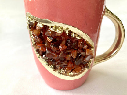 Set of 2 |Personalised Pink and Gold Ceramic Coffee/Tea Mug with Red Semi-precious Agate Crystal Gemstones