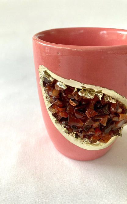 Set of 2 |Personalised Pink and Gold Ceramic Coffee/Tea Mug with Red Semi-precious Agate Crystal Gemstones