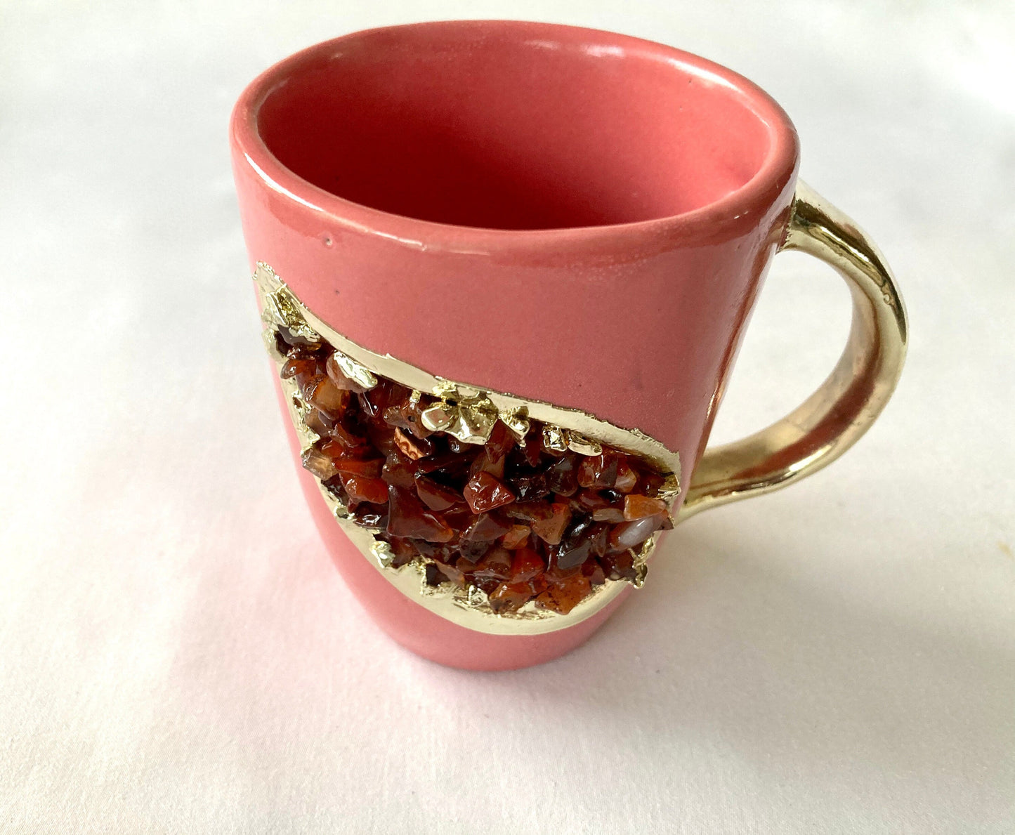 Set of 2 |Personalised Pink and Gold Ceramic Coffee/Tea Mug with Red Semi-precious Agate Crystal Gemstones