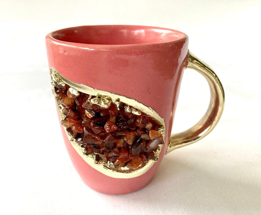 Set of 2 |Personalised Pink and Gold Ceramic Coffee/Tea Mug with Red Semi-precious Agate Crystal Gemstones