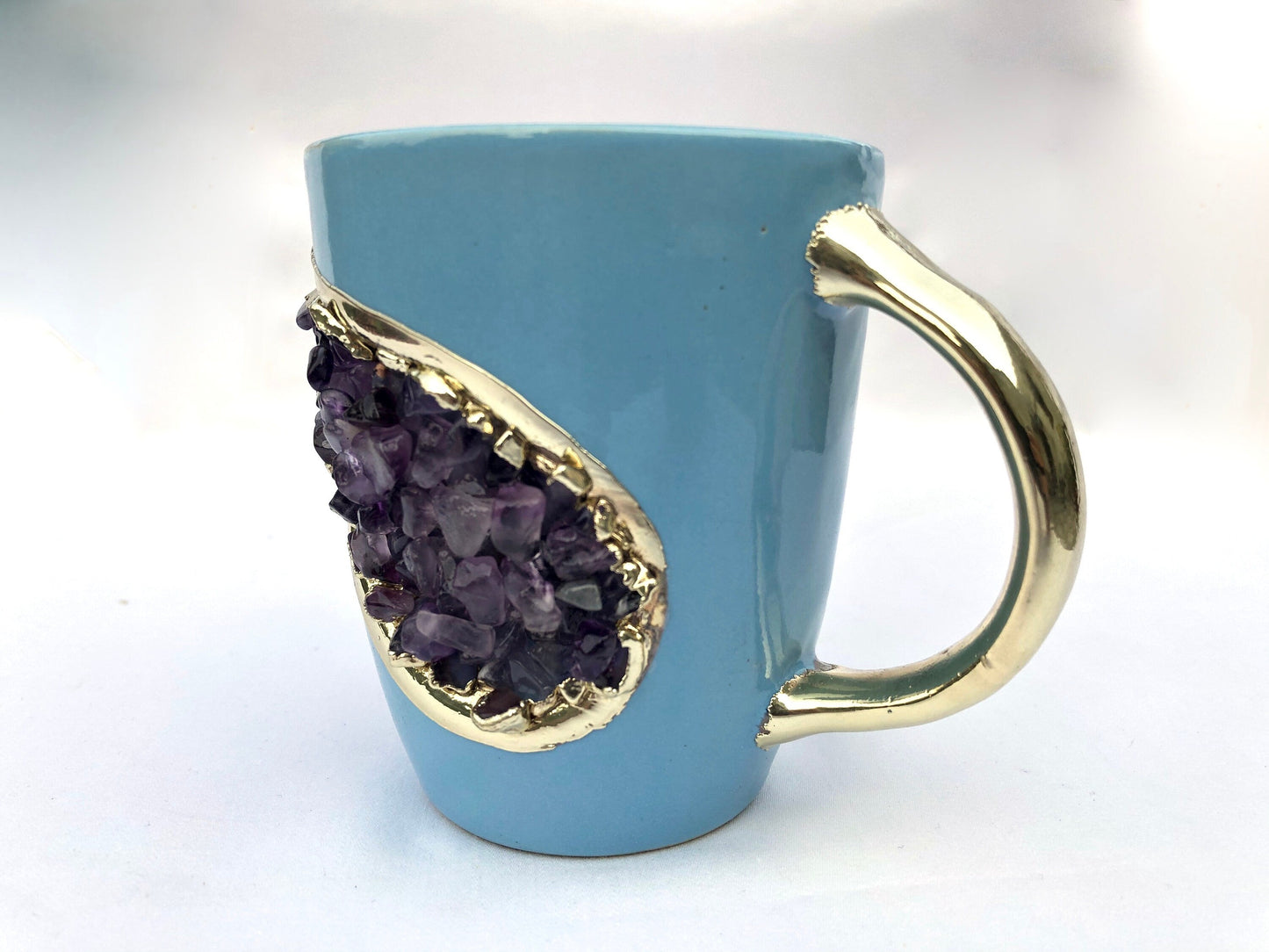 Set of 2 |Personalised Blue and Gold Ceramic Coffee/Tea Mug with Purple Semi-precious Agate Crystal Gemstones| 8 Oz