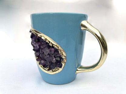 Set of 2 |Personalised Blue and Gold Ceramic Coffee/Tea Mug with Purple Semi-precious Agate Crystal Gemstones| 8 Oz