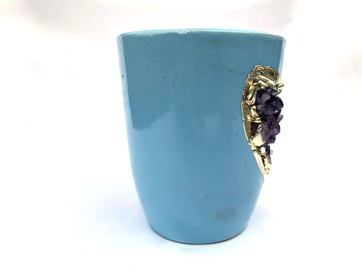 Set of 2 |Personalised Blue and Gold Ceramic Coffee/Tea Mug with Purple Semi-precious Agate Crystal Gemstones| 8 Oz