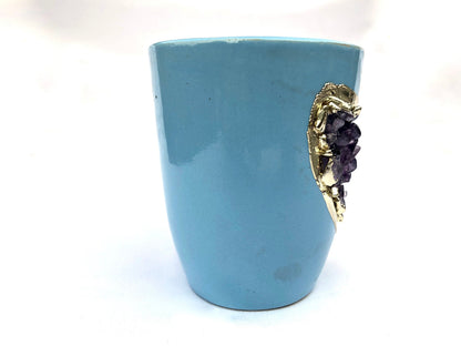 Set of 2 |Personalised Blue and Gold Ceramic Coffee/Tea Mug with Purple Semi-precious Agate Crystal Gemstones| 8 Oz