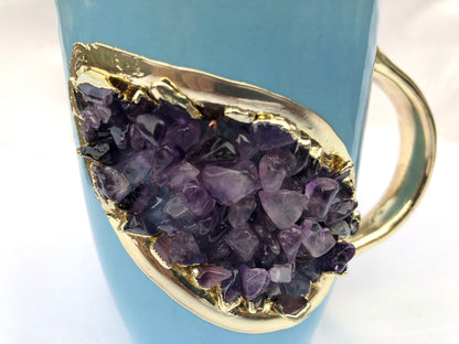 Set of 2 |Personalised Blue and Gold Ceramic Coffee/Tea Mug with Purple Semi-precious Agate Crystal Gemstones| 8 Oz