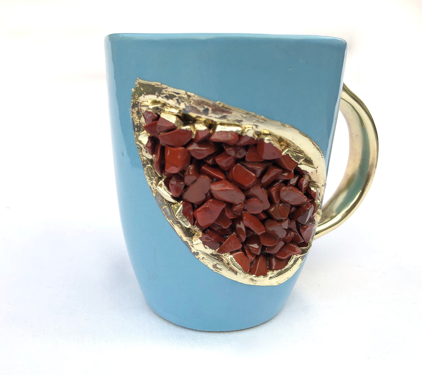 Set of 2 |Personalised Blue and Gold Ceramic Coffee/Tea Mug with Dark Red Semi-precious Agate Crystal Gemstones| 8 Oz