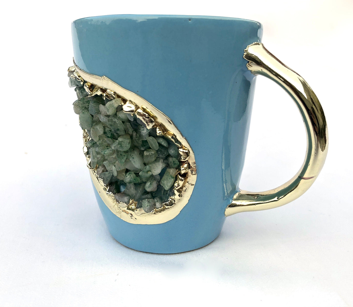 Set of 2 |Personalised Blue and Gold Ceramic Coffee/Tea Mug with Light Green Semi-precious Agate Crystal Gemstones| 8 Oz