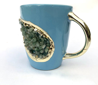 Set of 2 |Personalised Blue and Gold Ceramic Coffee/Tea Mug with Light Green Semi-precious Agate Crystal Gemstones| 8 Oz