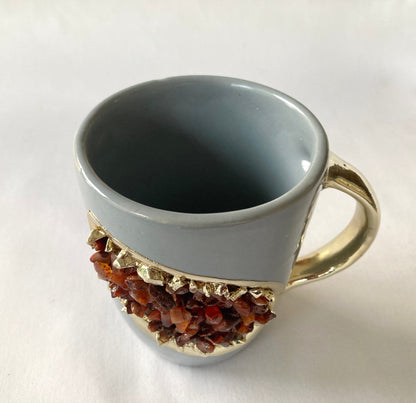 Set of 2 |Personalised Grey and Gold Ceramic Coffee/Tea Mug with Red Semi-precious Agate Crystal Gemstones| 8 Oz