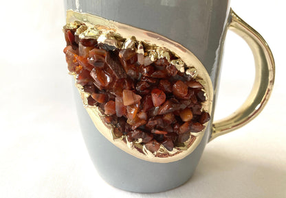 Set of 2 |Personalised Grey and Gold Ceramic Coffee/Tea Mug with Red Semi-precious Agate Crystal Gemstones| 8 Oz