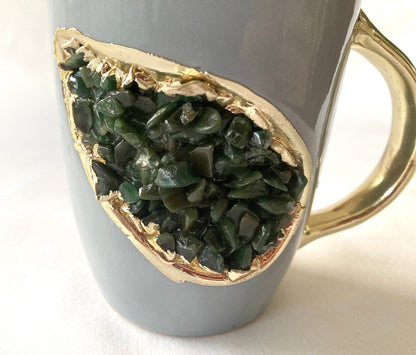 Set of 2 |Personalised Grey and Gold Ceramic Coffee/Tea Mug with Dark Green Semi-precious Agate Crystal Gemstones| 8 Oz