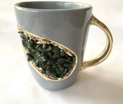 Set of 2 |Personalised Grey and Gold Ceramic Coffee/Tea Mug with Dark Green Semi-precious Agate Crystal Gemstones| 8 Oz