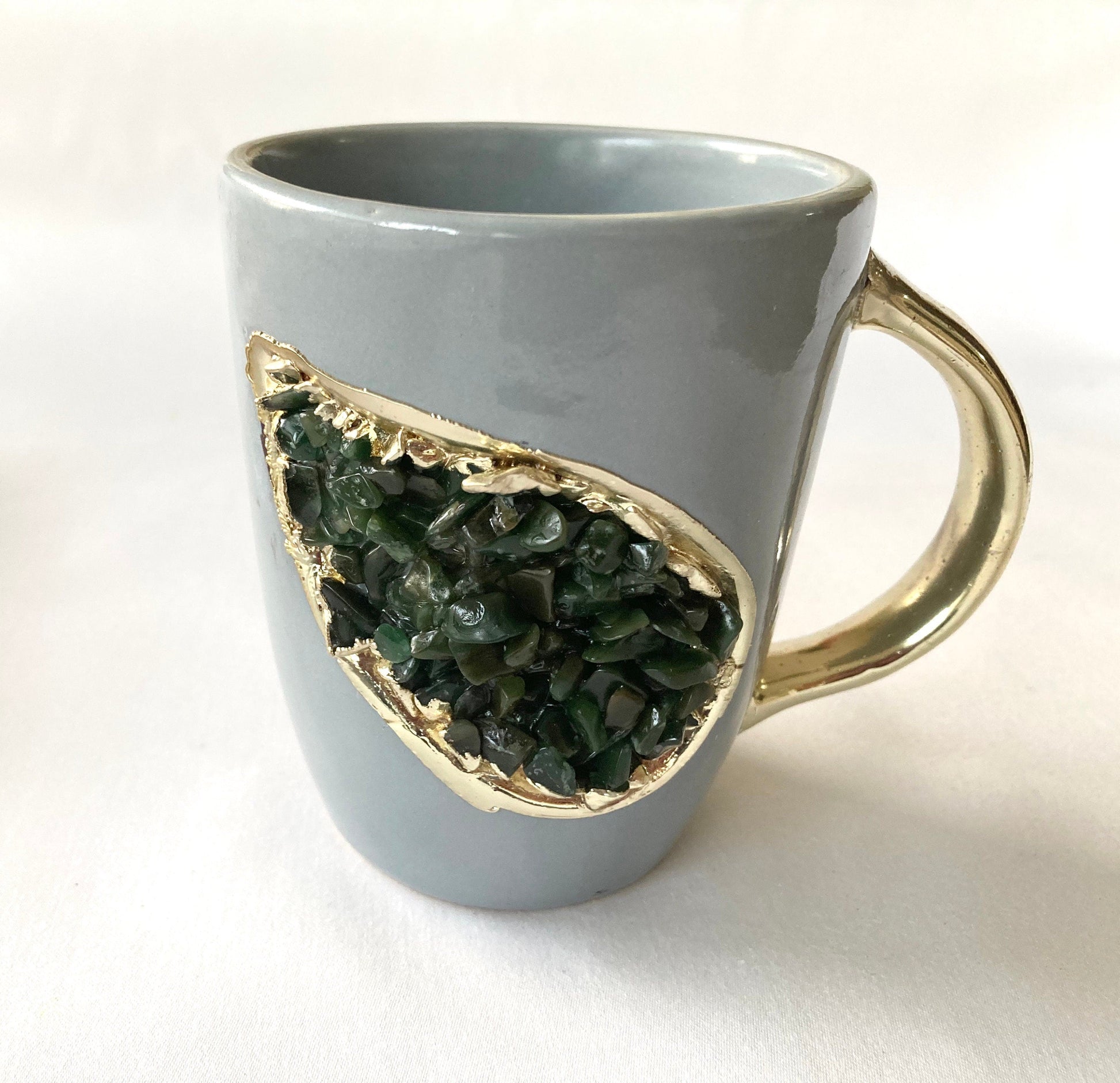 Crystal Gemstone Patch Mug | Grey & Gold | 8oz — Dark Green Agate